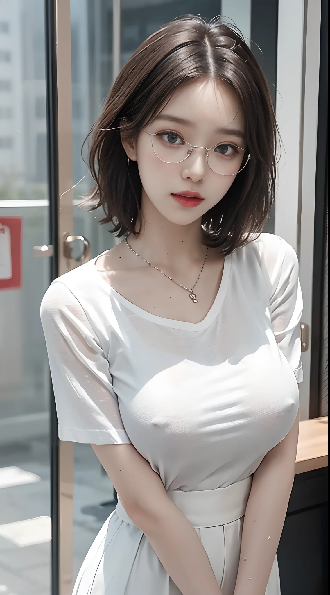 Top image quality、RAW photography、超A high resolution、18-year-old Korean、Glasses Beauty、Colossal tits:1.5、nedium breasts:1.5、White show-off dress shirt、Skinny sheer shirt、Formal skirt、White skin of the、Shiny white skin、(Shortwave hair)、bright silver hair、Bright white hair、beautiful eyes of random colors、Very thin lips、Beautiful eyes finely detailed、Elongated eyes、pale pink blush、long eyelasher、beautiful double eyelid、eye shadows、a necklace、耳Nipple Ring、corporate offices、Enterprise help desk、Fashionable glasses、Lighting that emphasizes beautiful skin、Wet shirt、full of sweat
