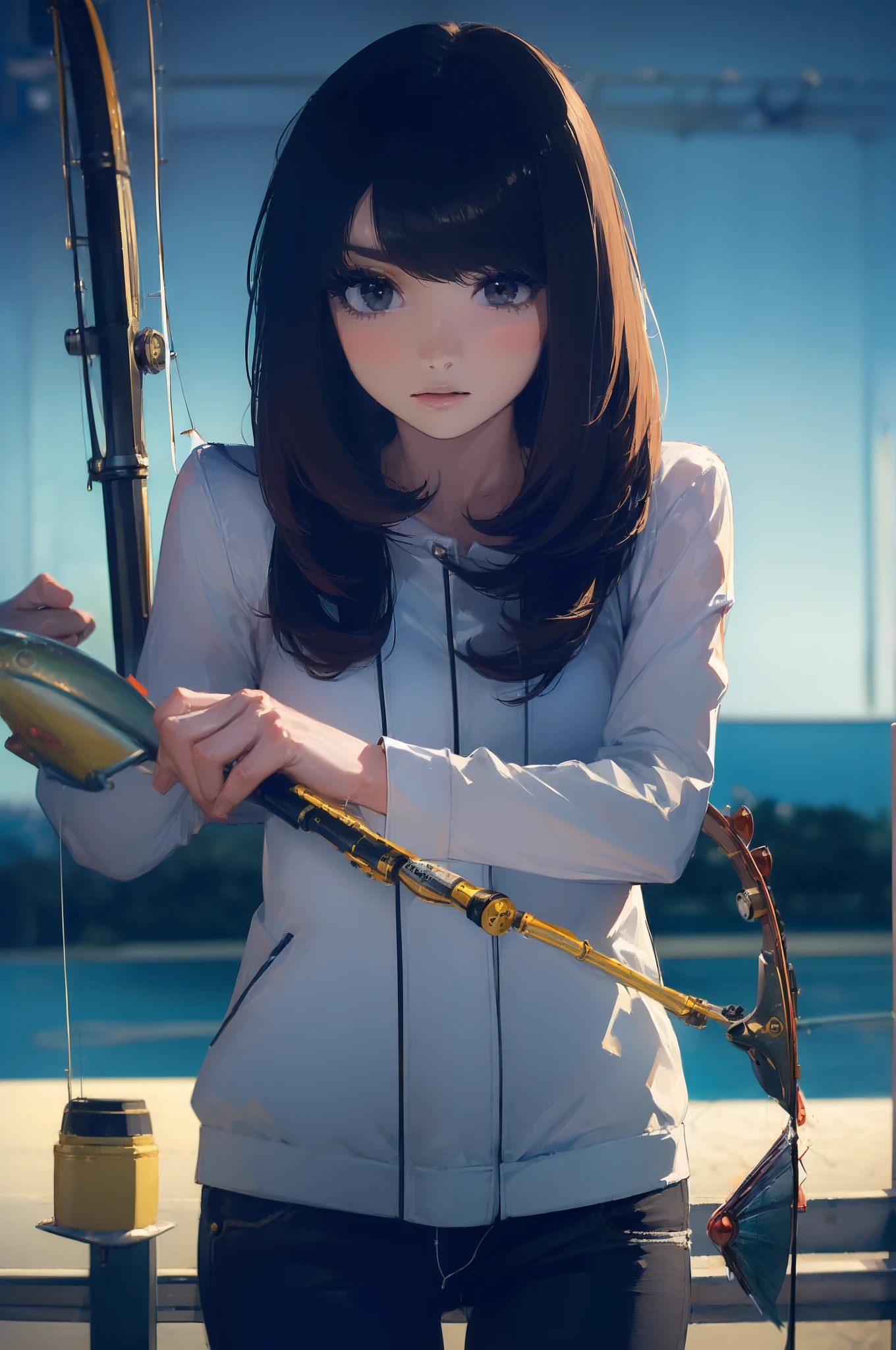 ((((Have fishing rod with a reel:1.5)))),((Female 28 years old)),((Best Quality:1.5)),(((Hands with the correct number and structure of fingers:1.4))),((lakeside:1.37)),hight resolution,ultra-detailliert,masterpiece,best qualtiy,(Eight-headed body),Black hair, long eyeslashes, Solid Circle Eyes, drop shadow, Atmospheric perspective,Super Detail, ccurate, small brest,(Black jacket and black jeans :1.1),top-quality, blurry backround, bokeh dof:1.2, (masterpiece:1.3), Atmospheric perspective,Super Detail,dynamic compositions,