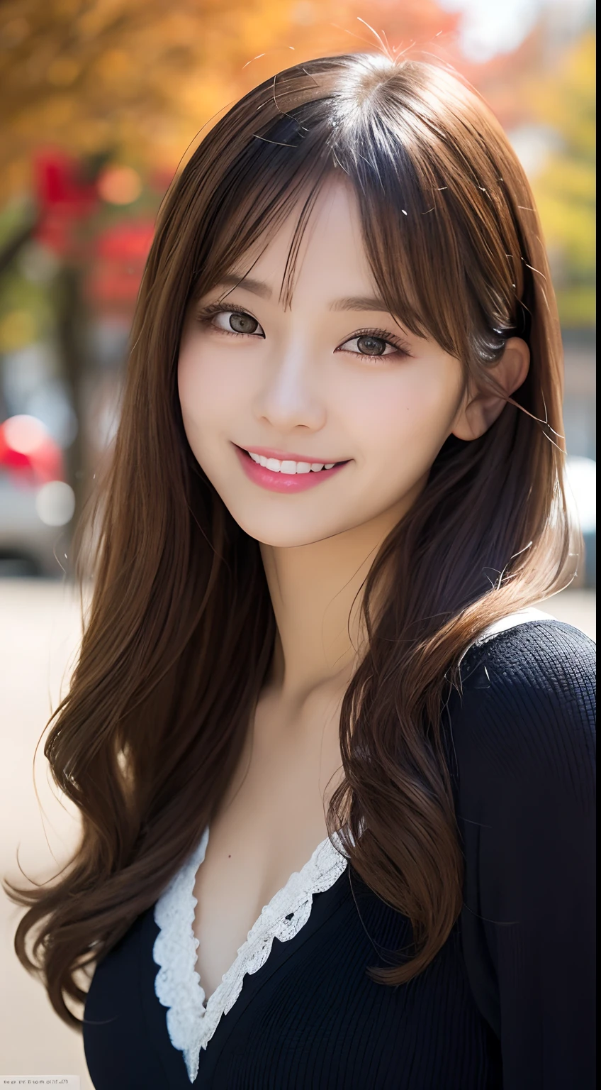 masutepiece, Best Quality, Illustration, Ultra-detailed, finely detail, hight resolution, 8K Wallpaper, Perfect dynamic composition, Beautiful detailed eyes, Autumn Women's Fashion,waved hair,small tits、Natural Color Lip, Bold sexy poses,Smile,Harajuku、20 years girl、Cute、Sexy shot looking at camera