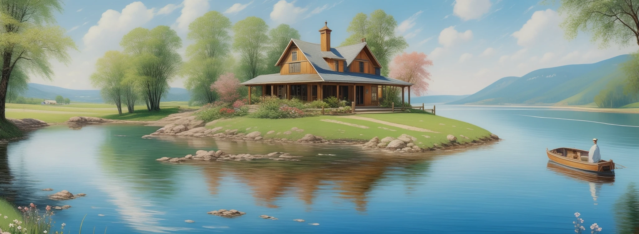 landscape, water, farm house, cooking smoke, boat in the water, flowers ,stream, color full (extremely detailed CG unity 8k wallpaper), most beautiful artwork in the world, professional majestic oil painting, intricate, High Detail, Sharp focus, dramatic, photorealistic painting art, style of Thomas Kinkade