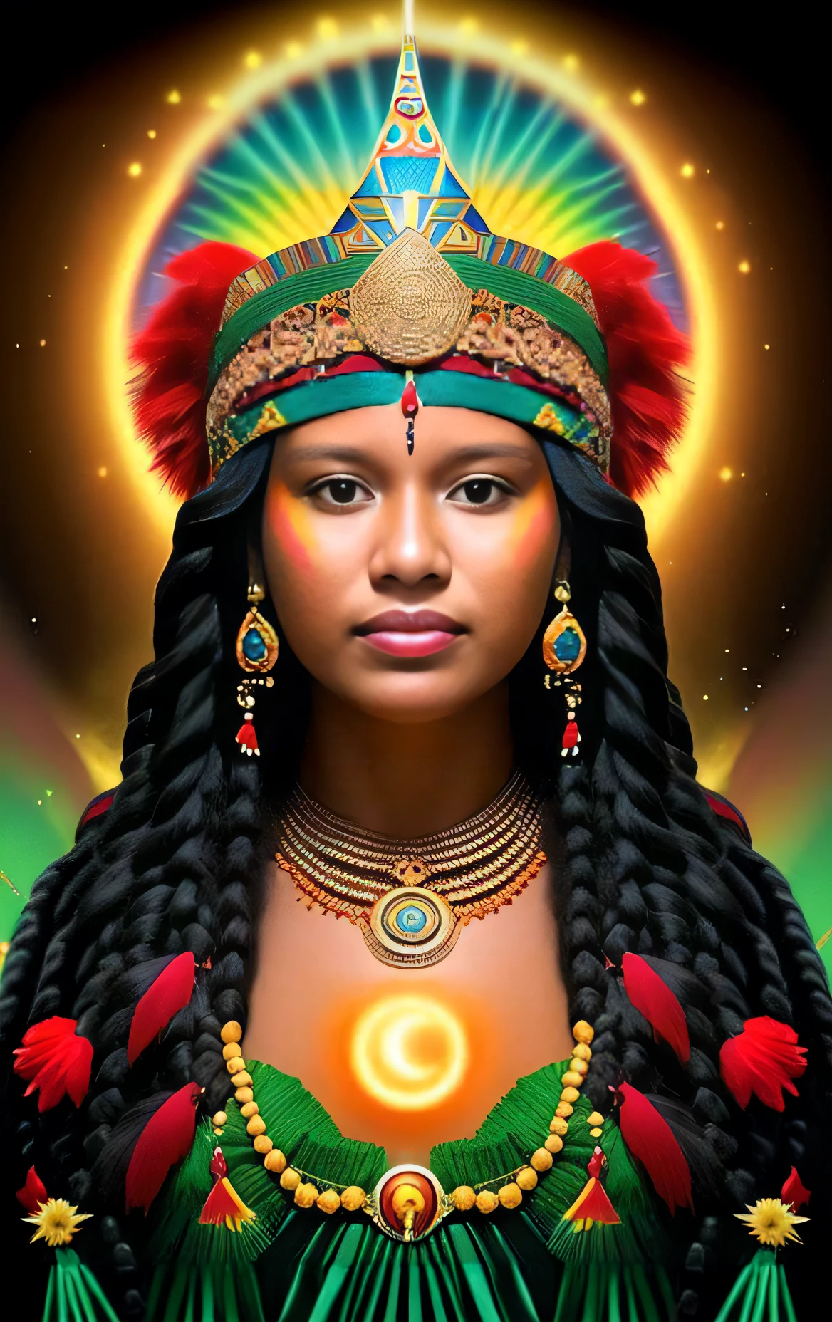 A woman with a crown and a shining halo, pele escura deusa feminina do amor, Retrato da princesa asteca, Rainha africana, Princesa Africana, Princesa negra africana, Um retrato impressionante de uma deusa, kemetic, padroeiro do, Princesa Libu antiga, Imperatriz Asteca, Sacerdotisa Maia, Princesa africana deslumbrante, Rainha asteca