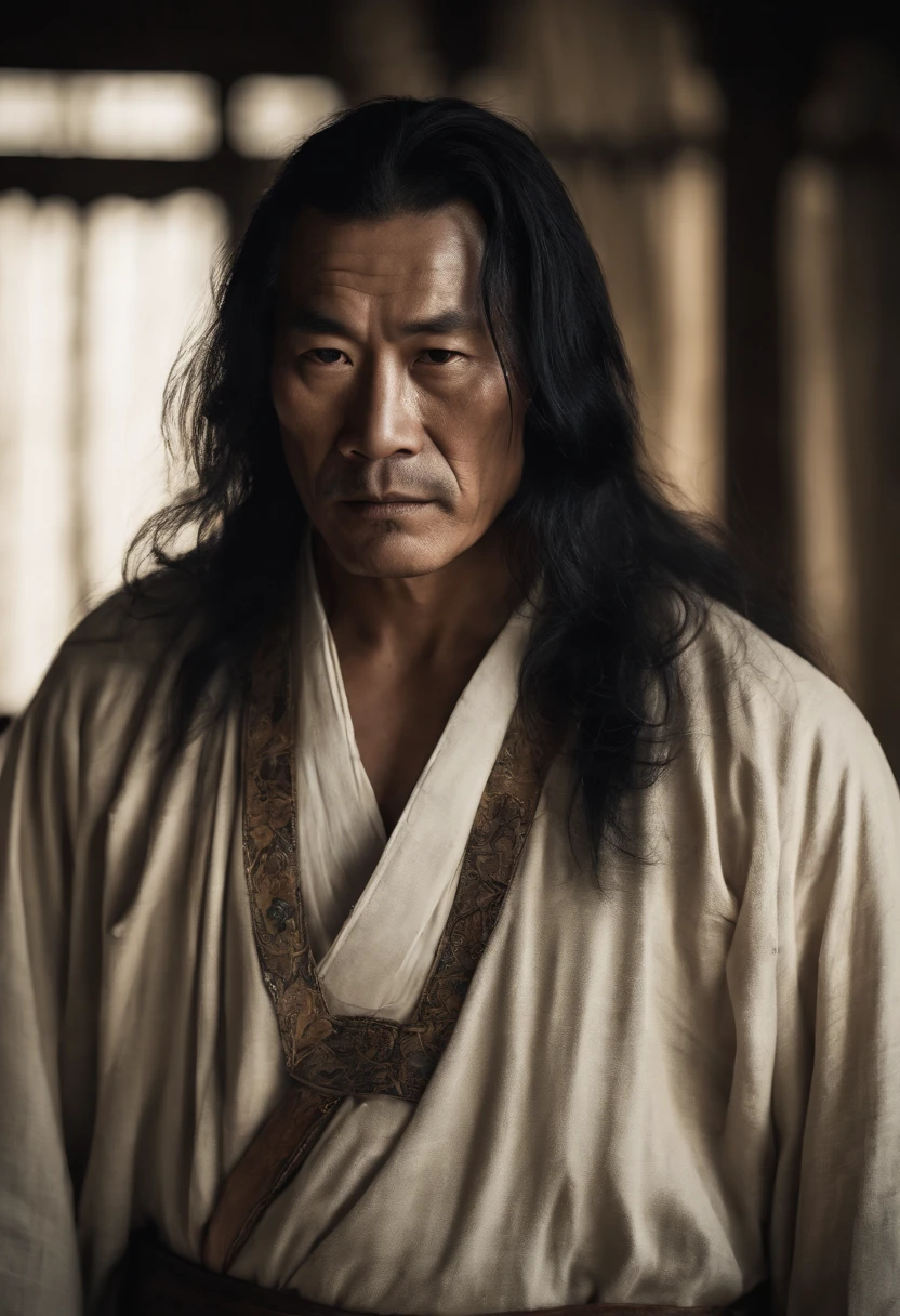 Long black hair, Ancient Chinese clothing, Middle-aged man, Muscular, Big man