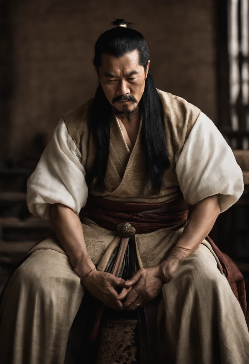 Long black hair, Ancient Chinese clothing, Middle-aged man, Muscular, Big man