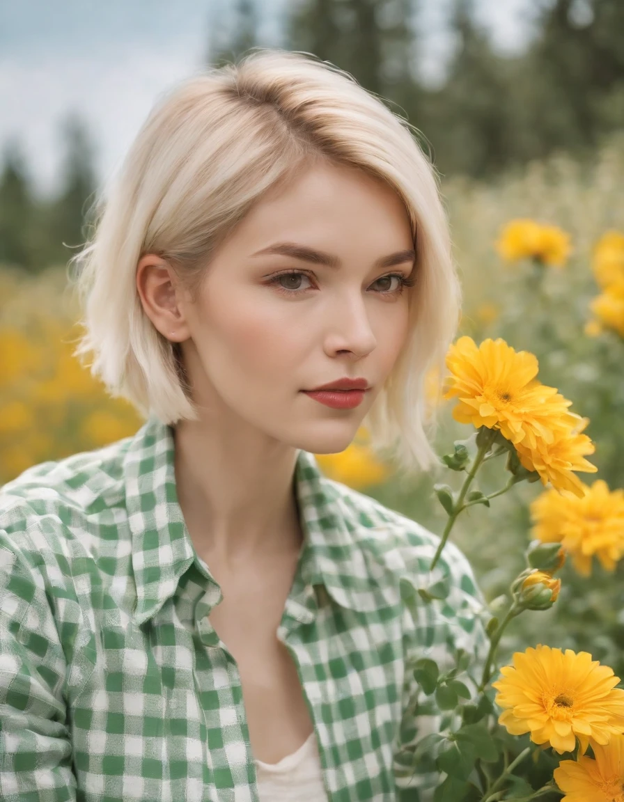 short hair blonde woman wearing white and green retro checkered clothes, yellow flowers on clear sky background, low angle shot, medium shot, high quality photo.