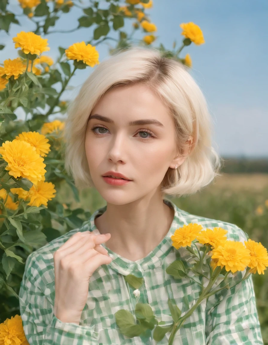 short hair blonde woman wearing white and green retro checkered clothes, yellow flowers on clear sky background, low angle shot, medium shot, high quality photo.