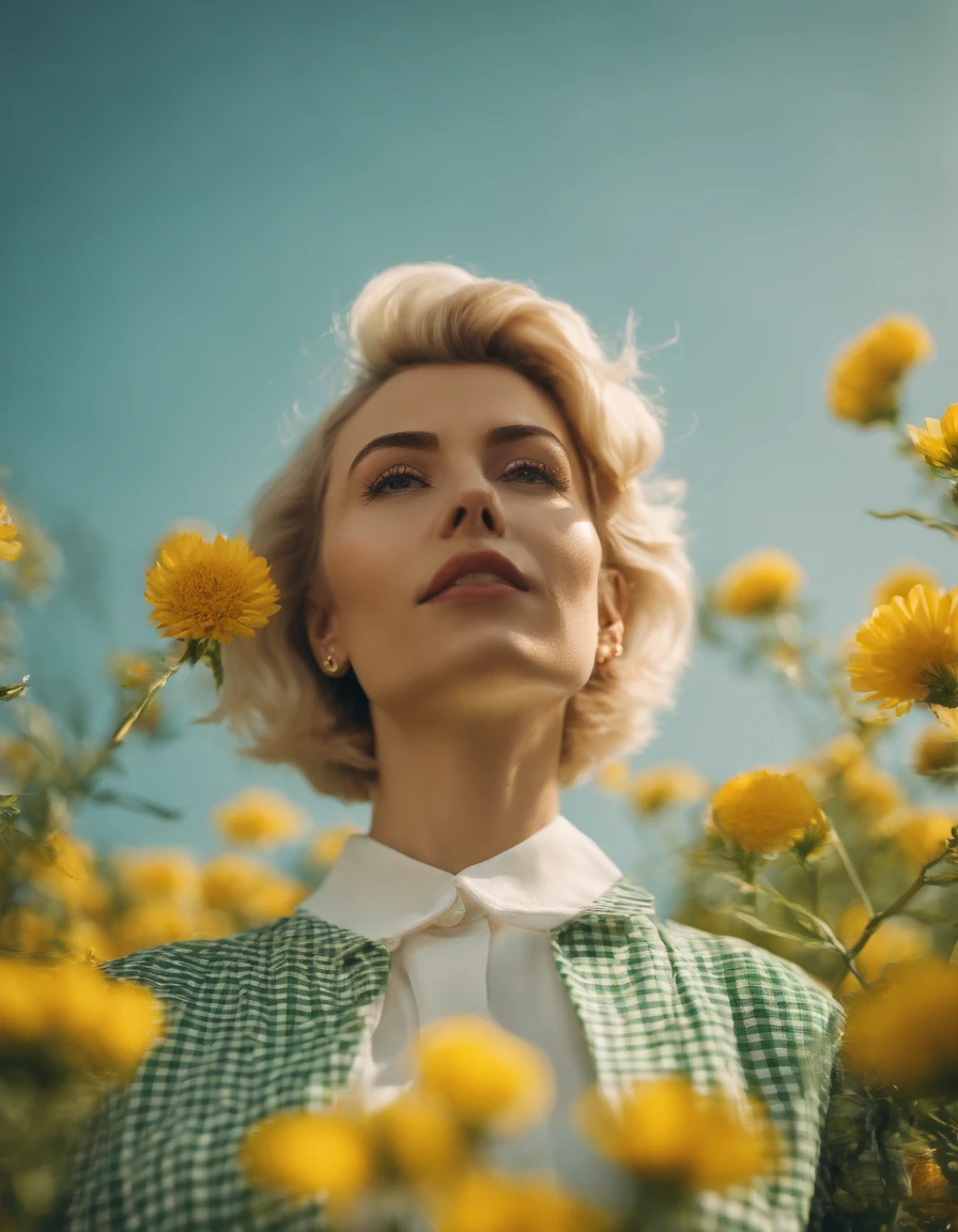 short hair blonde woman wearing white and green retro checkered clothes, yellow flowers on clear sky background, low angle shot, medium shot, high quality photo.