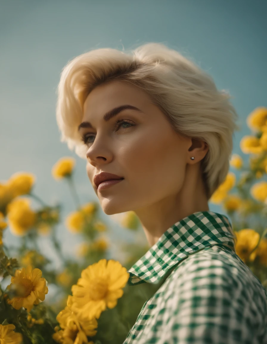 short hair blonde woman wearing white and green retro checkered clothes, yellow flowers on clear sky background, low angle shot, medium shot, high quality photo.