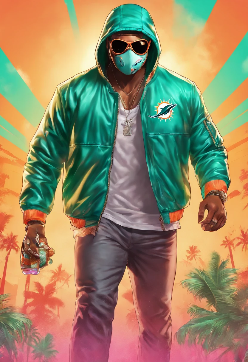 "(best quality, highres, realistic:1.37), detailed portrait, glass-like texture, 1 man, full body, wearing a deep green Miami Dolphins jacket, wolf head mask"