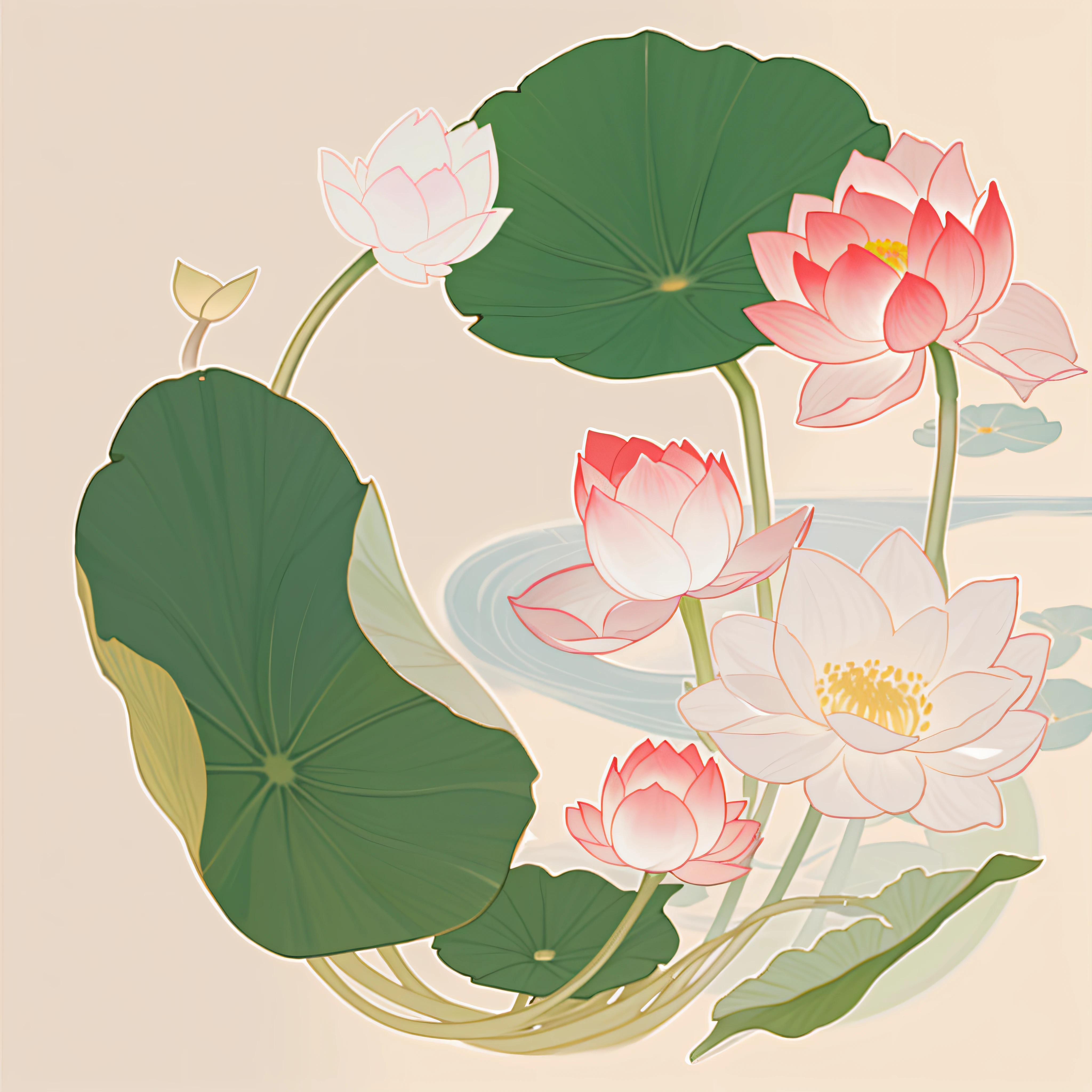 In the pond there is a painting of lotus flowers and leaves, author:Morning Sight Rowshu, author:Maruyama Daikyo, author:Asainaka, author:Central Plains South Tianfang, author:Masamitsu Ota, author:Kaburagi Kiyokata, author:Katsukawa Toshihide,8k