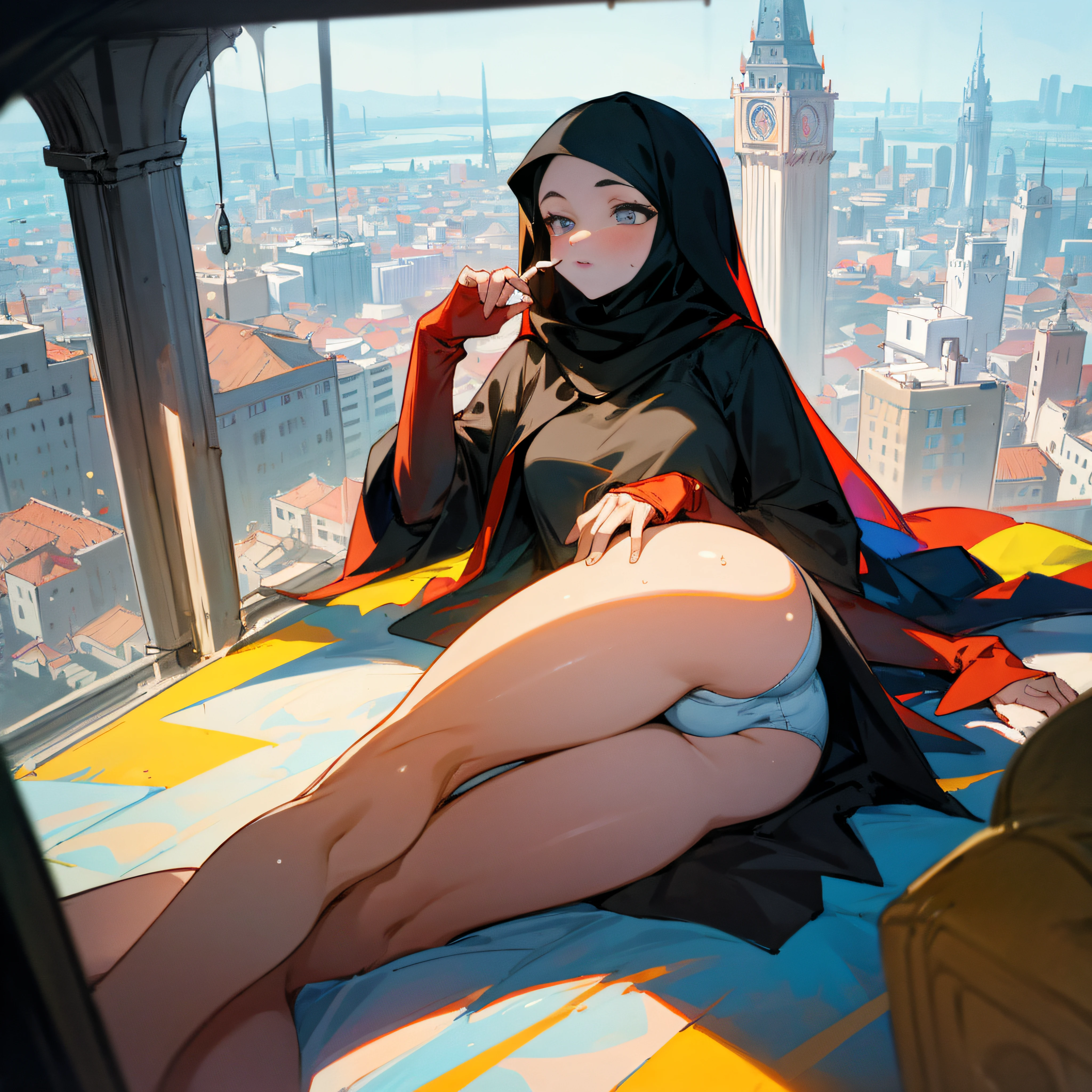 (masterpiece, best quality), city, in a top of tower, 1girl, black hijab, bottomless, open panties, lying, warm, summer, vibrant colors, best lighting, best shadows, wet, hot.