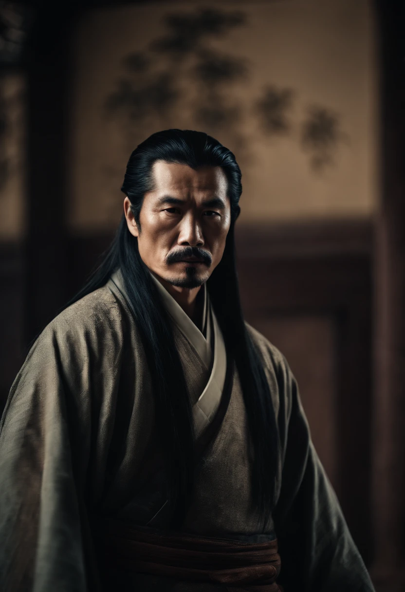 Long black hair, Ancient Chinese clothing, Middle-aged man, Muscular, Big man