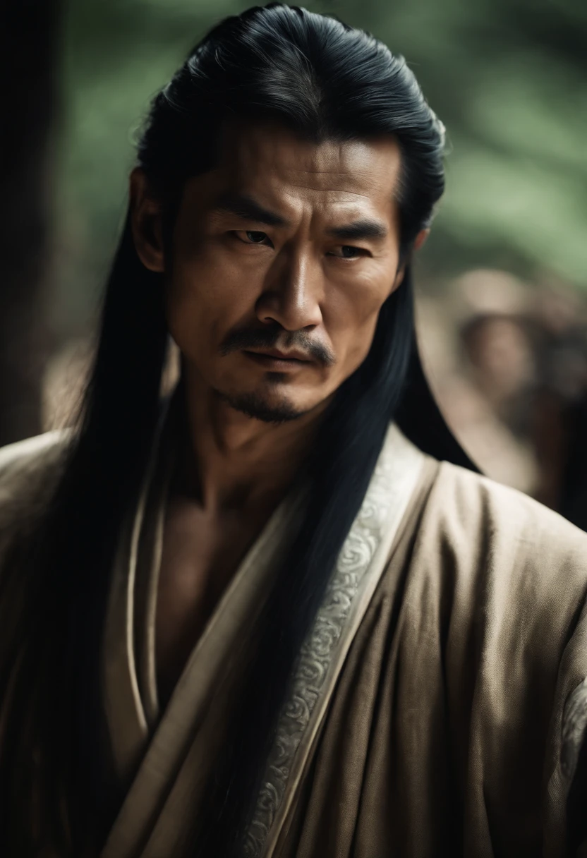Long black hair, Ancient Chinese clothing, Middle-aged man, Muscular, Big man