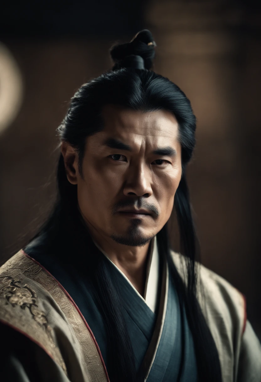 Long black hair, Ancient Chinese clothing, Middle-aged man, Muscular, Big man