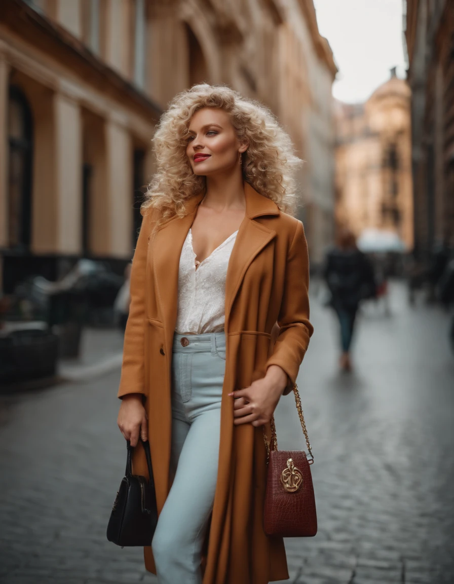 blonde woman with curly hair poses on the street, wearing sunglasses and a handbag, photo taken with provia, in the style of ultrafine detail, high quality photo, 105 mm f/2.4