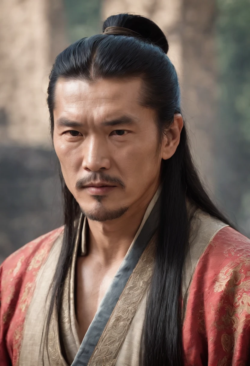 Long black hair, Ancient Chinese clothing, Middle-aged man, Muscular, Big man