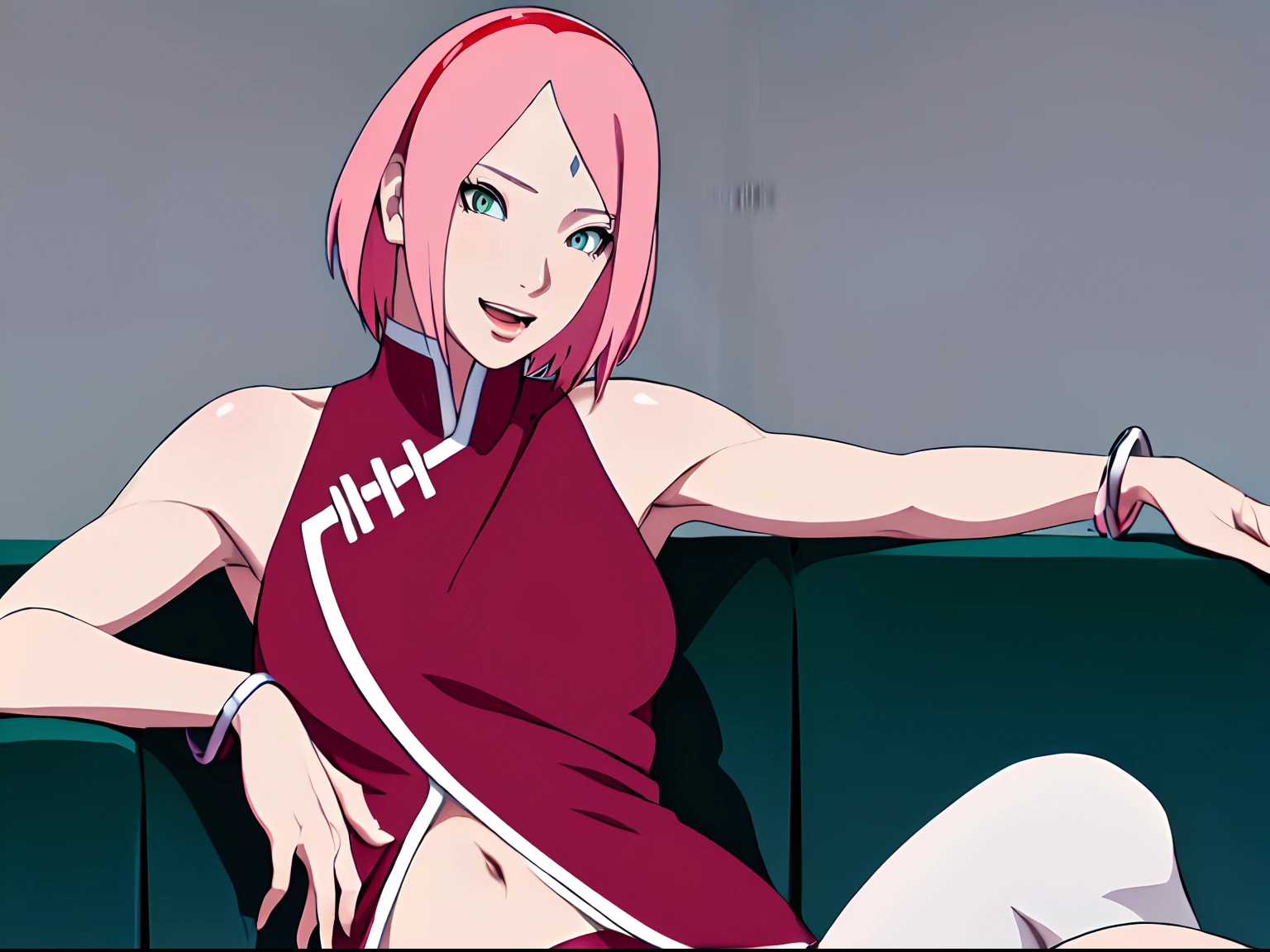 masterpiece, 4k, portrait, cowboy shot, (night, moon background), professional artwork, intricate details, colorful, digital blending, (ultra detailed body, ultra detail hair, ultra detail face), trending on pixiv, kind smile, best quality, anime style: 1.9, 1girl, hires, haruno sakura, (forehead mark, milf, red hairband, pale skin, (small breasts), short hair, ((red sleeveless dress,), white pants), ((navel, belly button), slender body, slender belly, bracelet, pink hair, (open mouth), big eyes), smile, beach, wind, floating hair, detailed arms, off-shoulders, broad shoulders, (little muscular arms, little strong biceps), fancy couch, relaxing, (armpit leaning against couch, laying, talking, looking at the viewer, (talking , milf, 30 years old woman, hand supporting head))