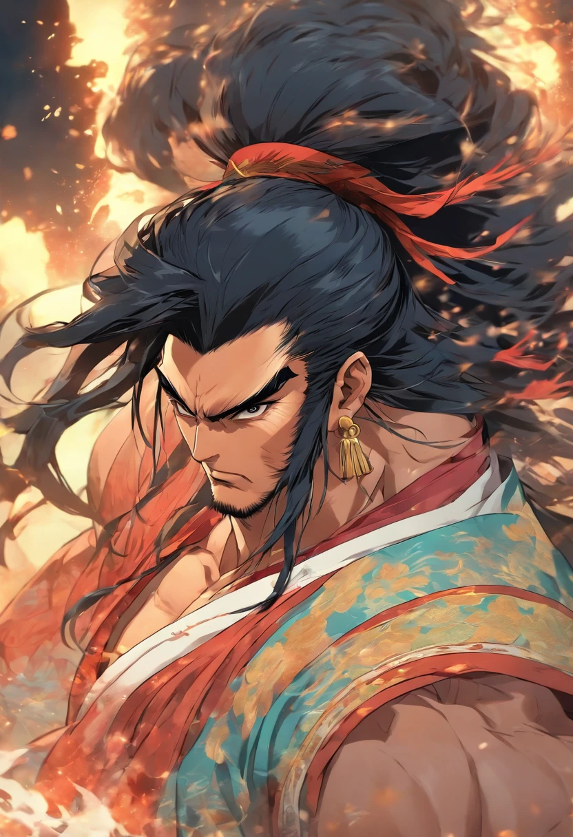 Long black hair, Ancient Chinese clothing, Middle-aged man, Muscular, Big man