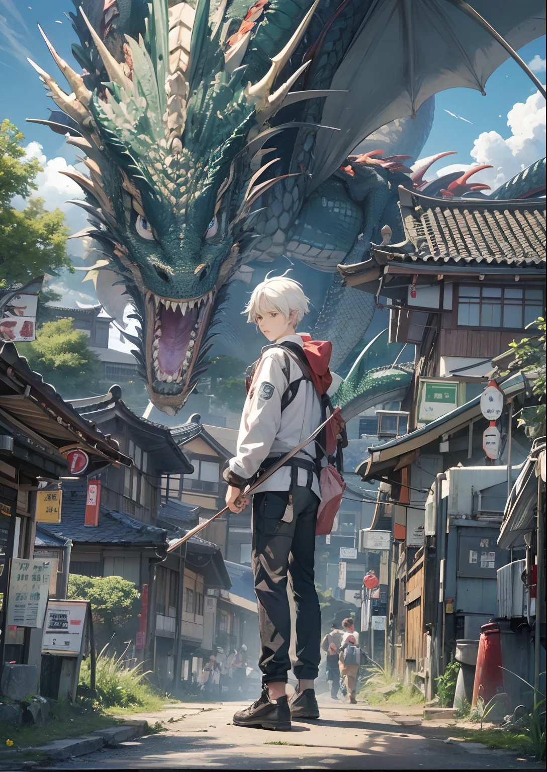 1boy,Man's ,Cyberpunk Boy、silber hair、poneyTail、Sword,machine gun、bow and arrow、Whole body bloody、The beginning of the adventure、(Dragon in the sky:1.5)、Magic Hour with Clouds,ruined and devastated city、Complex Japan buildings、school buildings、temple、shrines、railroad crossing、Bus stop、Trees、Warm lighting、puddles、Good old Japan landscape、Beautiful and fantastic summer landscape、Cinematic scenery、hightquality、masutepiece,8K、hight resolution、ultra-detailliert,