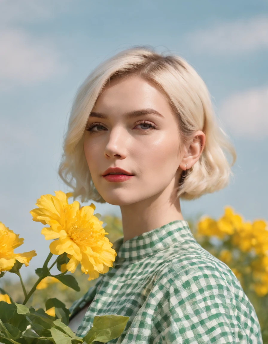 short hair blonde woman wearing white and green retro checkered clothes, yellow flowers on clear sky background, low angle shot, medium shot, high quality photo.