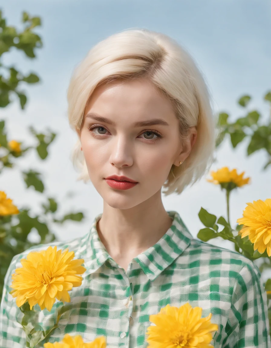 short hair blonde woman wearing white and green retro checkered clothes, yellow flowers on clear sky background, low angle shot, medium shot, high quality photo.
