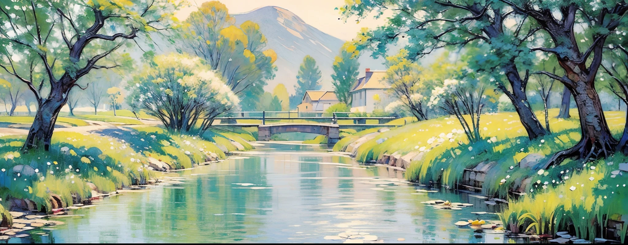 Lots of little yellow ducks, ponds, Monet's garden, lotus leaves, reeds, summer, breeze, coolness, water, bridges, water plants, small fish, color full (extremely detailed CG unity 8k wallpaper), most beautiful artwork in the world, professional majestic oil painting, intricate, High Detail, Sharp focus, dramatic, photorealistic painting art, style of Thomas Kinkade