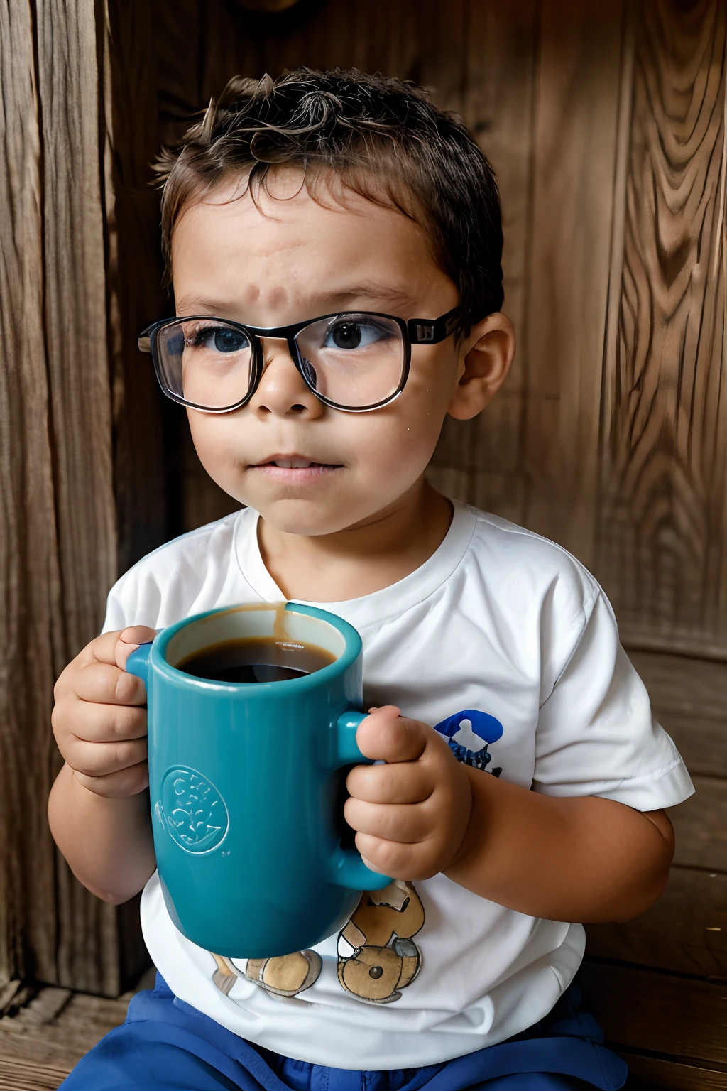 An adorable three-year-old, wearing goggles, is seated in a comfortable rocking chair on a rustic wooden balcony. He holds a steaming cup of coffee in his small hand as he stares out at the beach, onde as ondas tranquilas beijam suavemente a areia dourada durante o nascer do sol. The scene is captured in a realistic and hyper detailed photograph, with a fine rendering in 8K. Every trace of the boy, a textura da madeira da varanda, The soothing colors of the sunrise and even the subtle smoke rising from the cup of coffee are so vivid that you feel like you could be there. It's an image that combines the innocence of childhood with the serenity of nature in a single captivating scene.