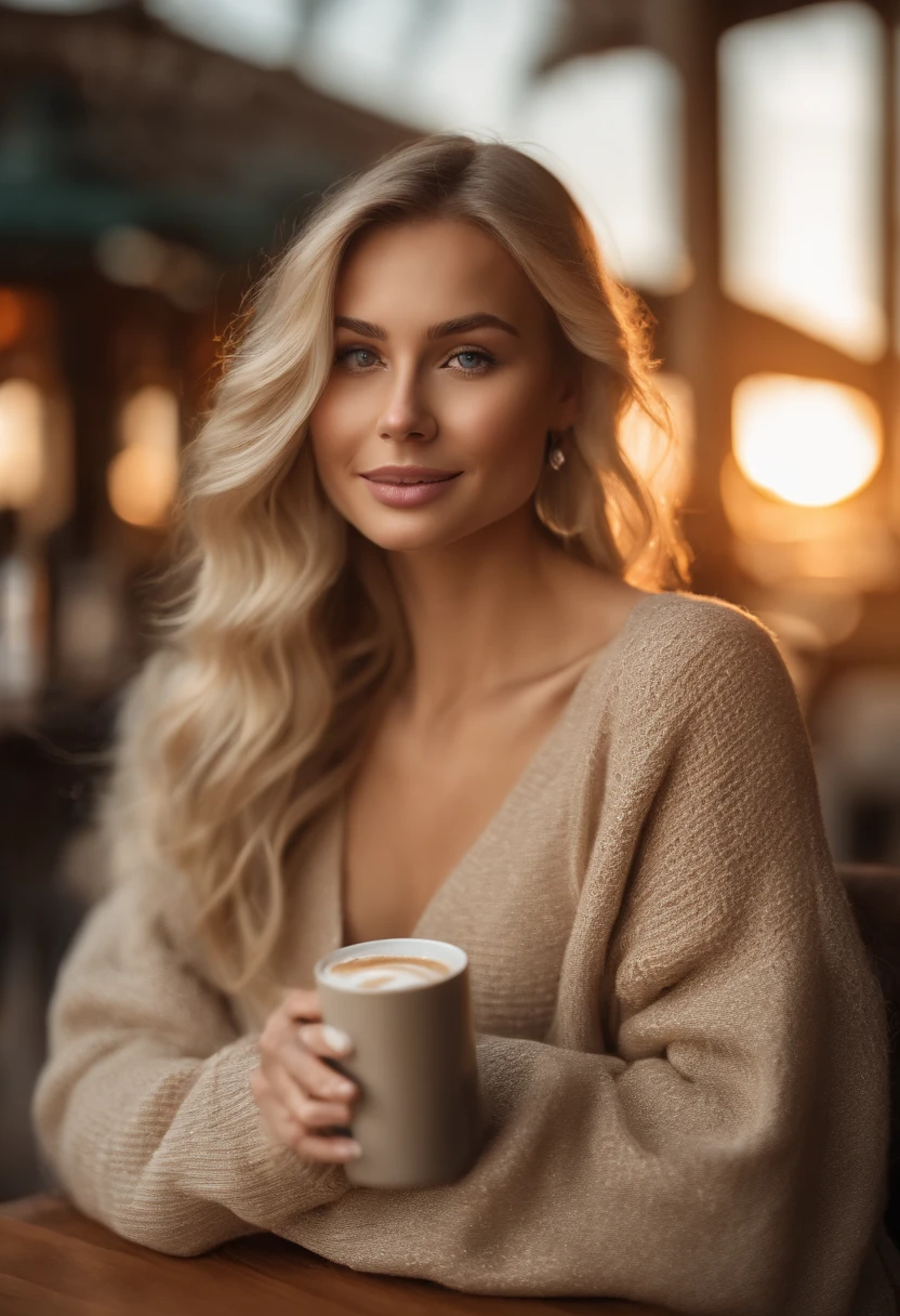 beautiful blonde wearing beige sweater (sipping coffee inside a modern café at sunset), very detailed, 21 years old, innocent face, natural wavy hair, blue eyes, high resolution, masterpiece, best quality, intricate details, highly detailed, sharp focus, detailed skin, realistic skin texture, texture, detailed eyes, professional, 4k, charming smile, shot on Canon, 85mm, shallow depth of field, kodak vision color, perfect fit body, extremely detailed, foto_\(ultra\), photorealistic, realistic, post-processing, maximum detail, roughness, real life, ultra realistic, photorealism, photography, 8k uhd, photography