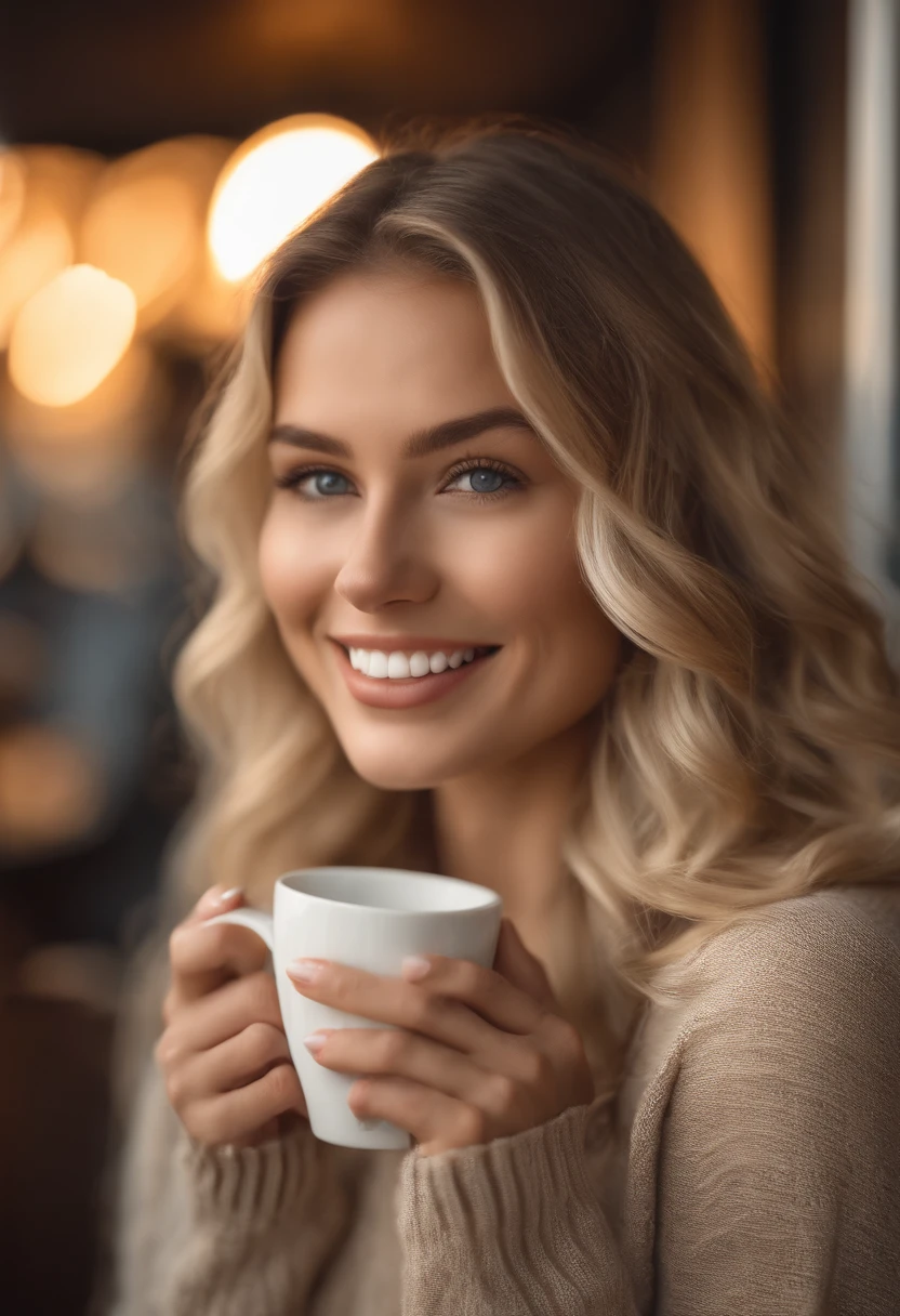 beautiful blonde wearing beige sweater (sipping coffee inside a modern café at sunset), very detailed, 21 years old, innocent face, natural wavy hair, blue eyes, high resolution, masterpiece, best quality, intricate details, highly detailed, sharp focus, detailed skin, realistic skin texture, texture, detailed eyes, professional, 4k, charming smile, shot on Canon, 85mm, shallow depth of field,  kodak vision color, perfect fit body, extremely detailed, foto_\(ultra\), photorealistic, realistic, post-processing, maximum detail, roughness, real life, ultra realistic, photorealism, photography, 8k uhd, photography