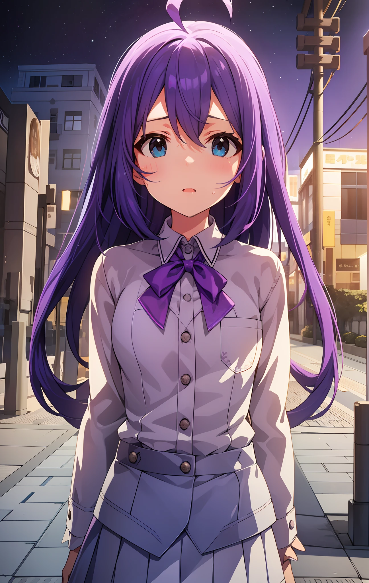 {{{{{mochizuki anna}}}}},1girl,solo,long hair,purple hair,small_ahoge,blue eyes.short stature.white t-shirts.suspenders.skirt.(((masterpiece))).(((best quality))).((ultra-detailed))).(((illustration))).night view.sweat.small Breasts.