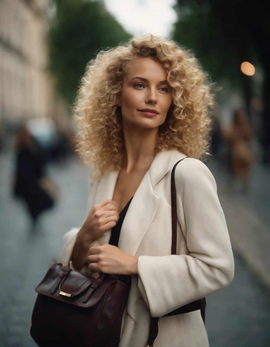 blonde woman with curly hair poses on the street, handbag, photo taken with provia, in the style of ultrafine detail, high quality photo, 105 mm f/2.4