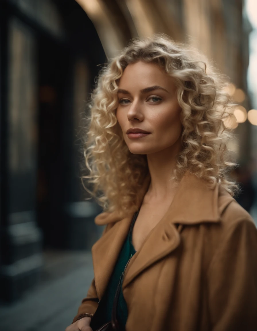 blonde woman with curly hair poses on the street,  handbag, photo taken with provia, in the style of ultrafine detail, high quality photo, 105 mm f/2.4