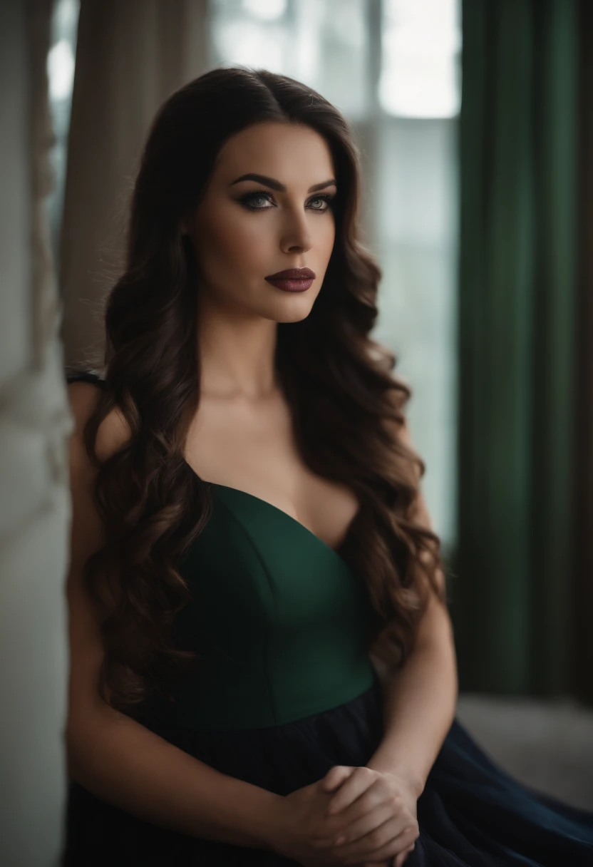 there is a woman with long hair and a black dress posing for a picture, a portrait by Arabella Rankin, reddit, arabesque, kaitlyn michelle siragusa, dark hair and makeup, kailee mandel, with long hair and piercing eyes, angelawhite, violet myers, stunning beautiful, sexy girl with green eyes