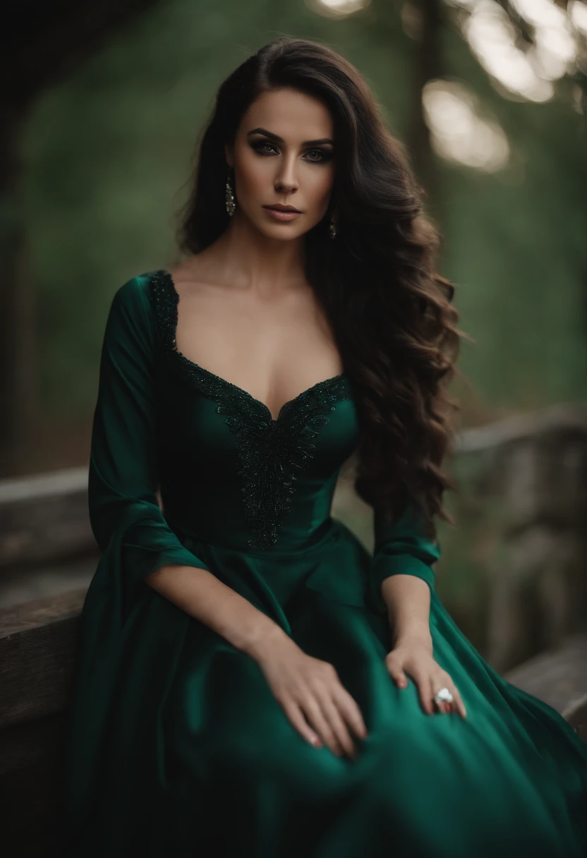 there is a woman with long hair and a black dress posing for a picture, a portrait by Arabella Rankin, reddit, arabesque, kaitlyn michelle siragusa, dark hair and makeup, kailee mandel, with long hair and piercing eyes, angelawhite, violet myers, stunning beautiful, sexy girl with green eyes