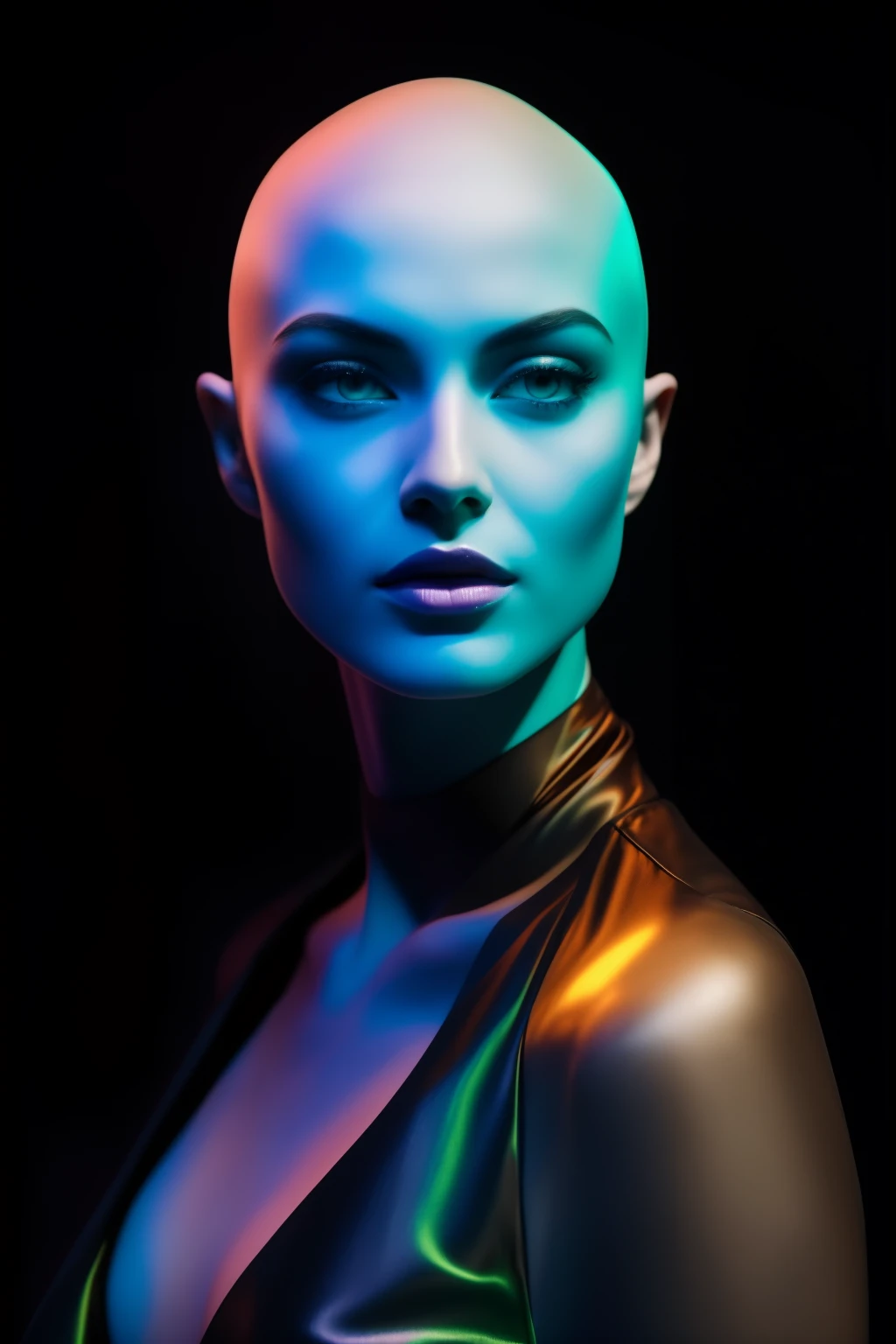 35mm, Neon, analog photo, dinamic lighting, chiaroscuro, hyper realisitc, luminism, HD, very detail. Colorful gradients. Gradient glow. Orange-violet-green lights. A woman's skin is multicolored in a beautiful glow. Gradients on the face. Gradient lights on the skin. easy flowering,,. Black background. haze. Unearthly beauty. Unearthly beautiful woman in a bodysuit with a tiger skin pattern. Very small black coat. bald. Bald woman. pale blue skin. long neck. Slim hose. Wide-set eyes. Half-turn. darkness. mood. haze. Model. Avant-garde make-up. tilt of head. eye to eye contact. blue eyes. Beautiful glow. Very small black coat. Slim. Lots of places. Very detailed face. (high skin detail:1.2). Film grain. an album cover. magazine cover.