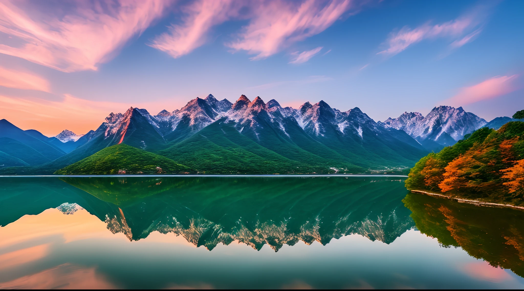 A beautiful Korean mountain and lake, (masterpiece), (portrait), (raw photo), (highly detailed CG unity 8k wallpaper) intricate, sharp focus, dramatic, realistic art