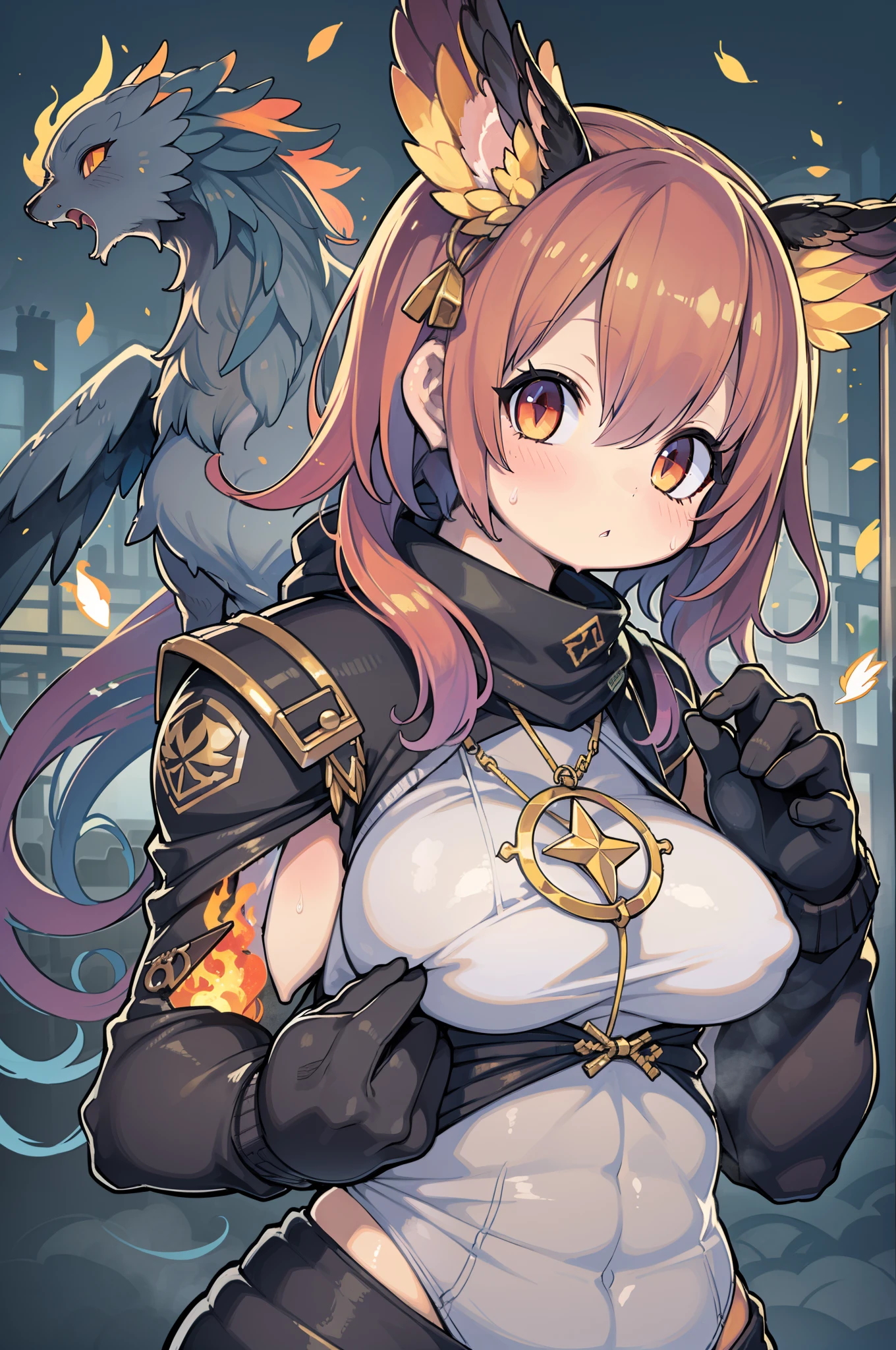 (Upper body:1.3), 1girl in,Hoenic Keeper, Fireproof suit with golden phoenix emblem, Fire cage with obsidian bar, Phoenix nest with shimmering golden feathers, Talon Grove for dealing with phoenixes, Fire ruby to feed the phoenix,