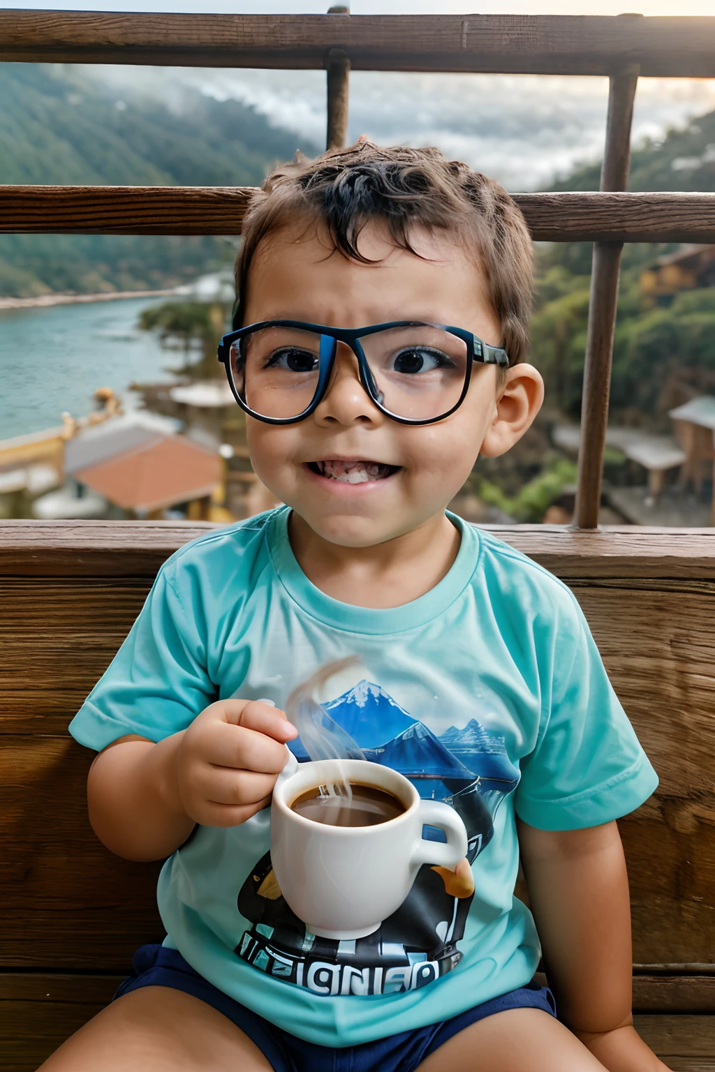 An adorable -year- wear goggles, is seated in a comfortable rocking chair on a rustic wooden balcony. He holds a steaming cup of coffee in his small hand as he stares out at the beach, onde as ondas tranquilas beijam suavemente a areia dourada durante o nascer do sol. The scene is captured in a realistic and hyper detailed photograph, with a fine rendering in 8K. Every trace of the boy, a textura da madeira da varanda, The soothing colors of the sunrise and even the subtle smoke rising from the cup of coffee are so vivid that you feel like you could be there. It's an image that combines the innocence of childhood with the serenity of nature in a single captivating scene.