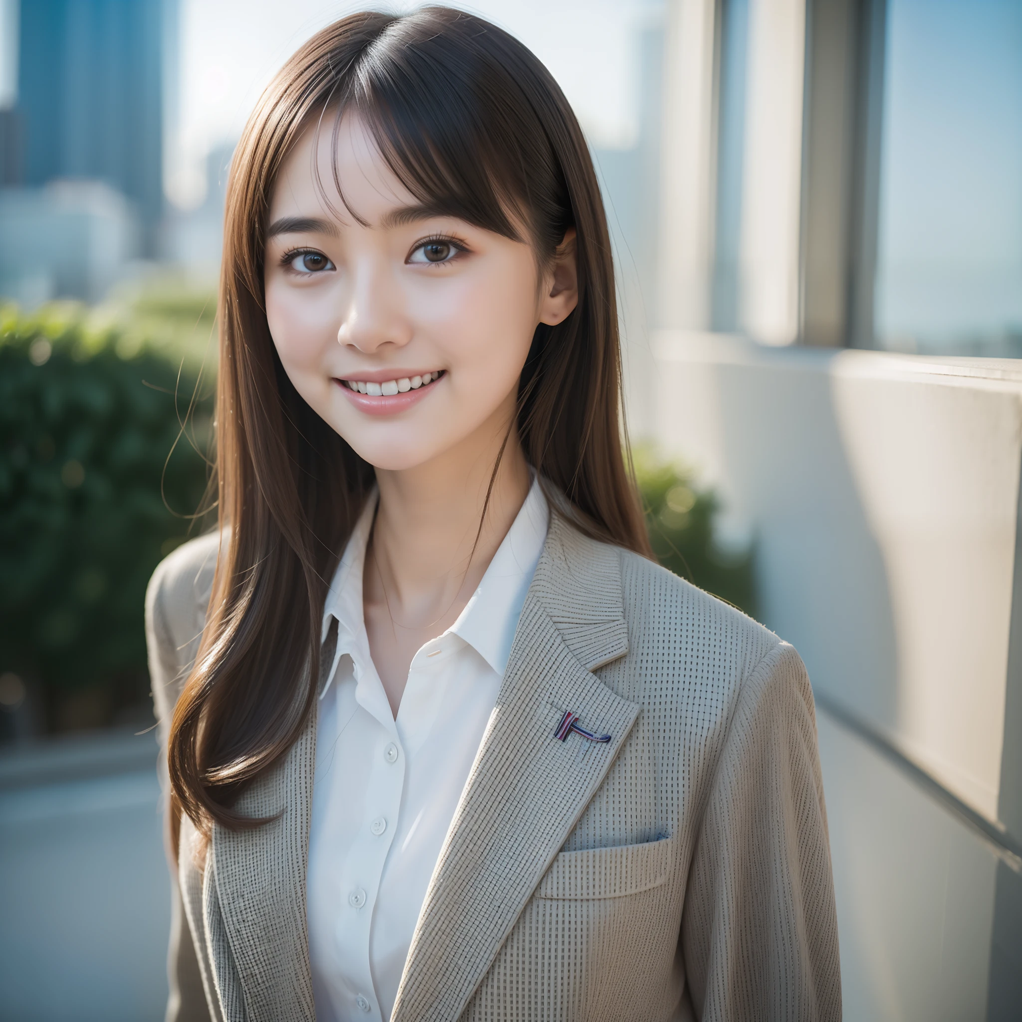 top-quality, masterpiece, (Photorealsitic:1.4), ultra-detailliert, Raw photo, 1girl in, 独奏, A smile, Dressed in a suit, portlate, The upper part of the body, City Background, natural soft light, bokeh dof