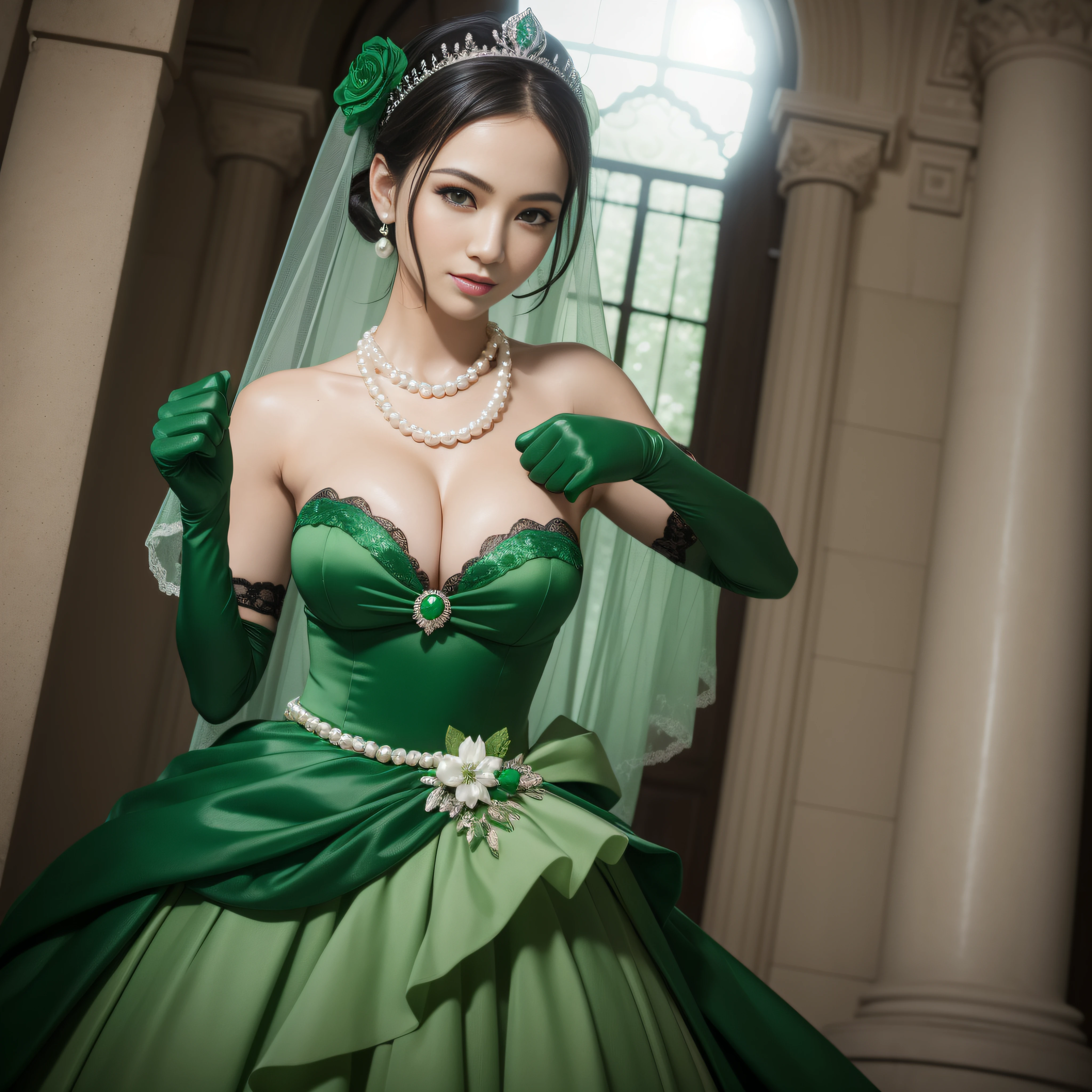Green Dress Flower Cleanser，Sense of atmosphere, best qualtiy，tmasterpiece，1girll，30-years old，Green dress，Daytime Church，full body Esbian, Green gloves，With short black hair，??????????? beautiful，looking at viewert，ssmile，Green Bridal Veil，Green Long Grove，Satin green long gloves,　lipsticks, Pearl Necklace、Green gloves,emerald tiara, Thumbs up, A Japanese Lady, ?????????, Look forward