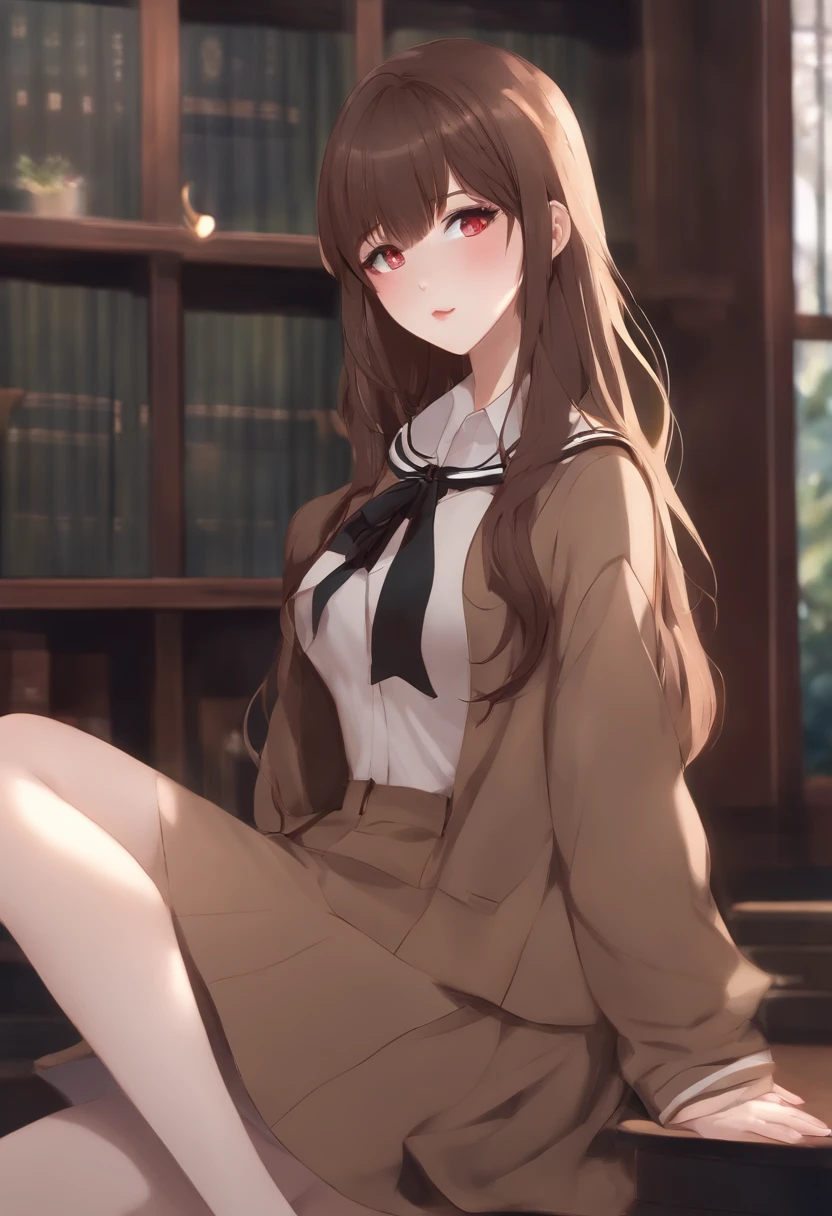 wolf cut style brown hair, 2020s anime, school uniform, oversize black sweater, thick thighs and b cup