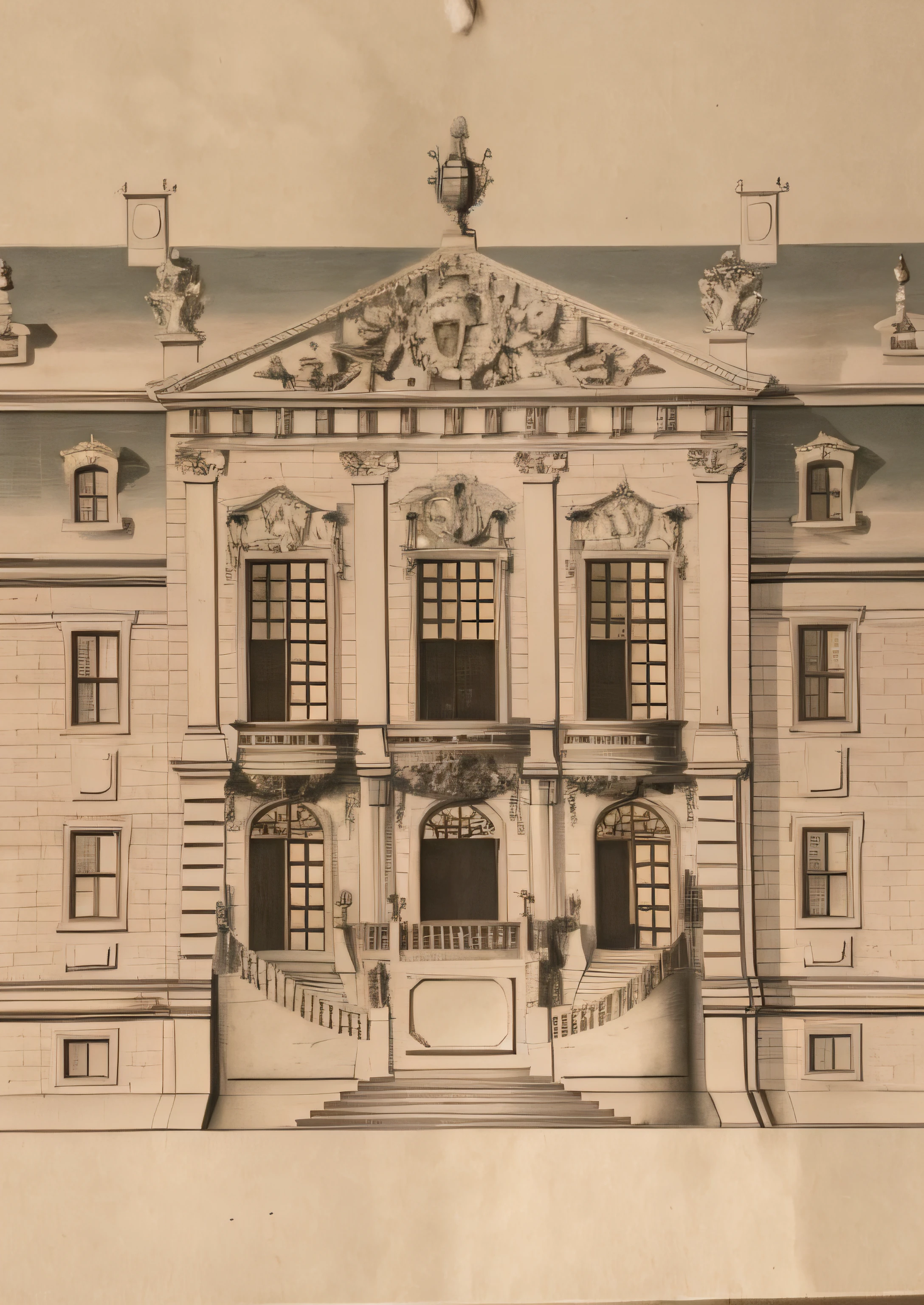 a drawing of a large building with a clock on the top of it, engraving from 1700s, rococo architecture, 18th century drawing, historical image, architectural drawing, architectural illustration, inspired by Claes Jansz. Visscher, baroque architecture, rococo and baroque styles, 1 8 th century style, artwork of a building, elaborate illustration