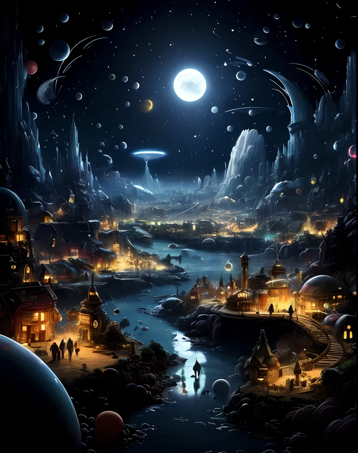 a close up of a painting of a town at night, sci-fi fantasy wallpaper, populated with aliens and people, in fantasy sci - fi city, an alien city, sci-fi fantasy desktop wallpaper, surreal alien kingdom, epic fantasy sci fi illustration, sci fi alien world, alien dream worlds, alien city, 4k highly detailed digital art, sci fi world