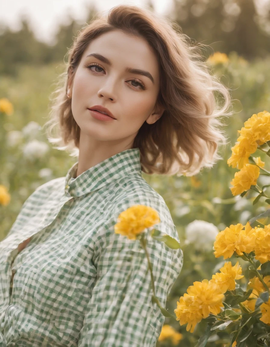 woman wearing white and green retro checkered clothes, yellow flowers on clear sky background, low angle shot, medium shot, high quality photo.