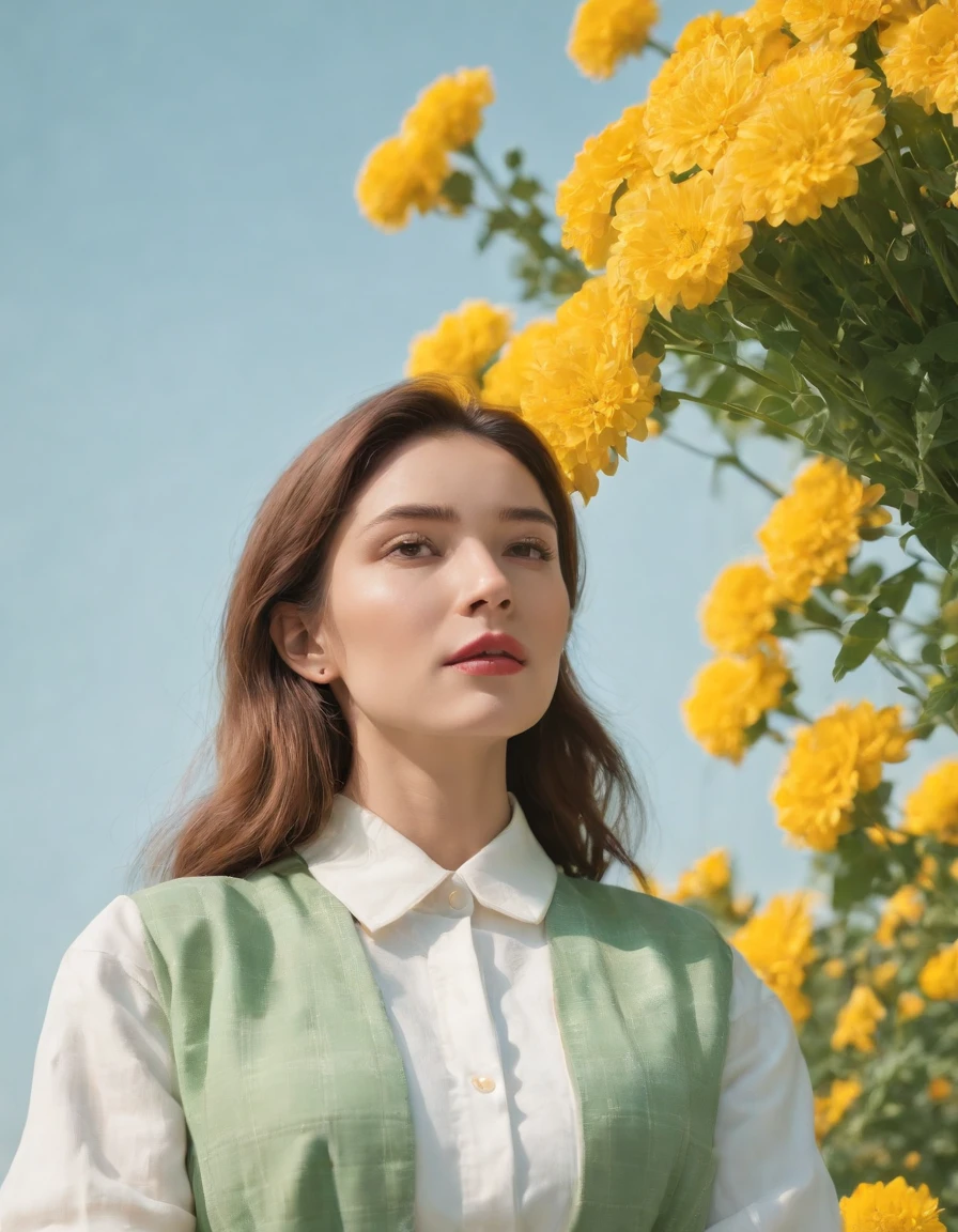 woman wearing white and green retro checkered clothes, yellow flowers on clear sky background, low angle shot, medium shot, high quality photo.