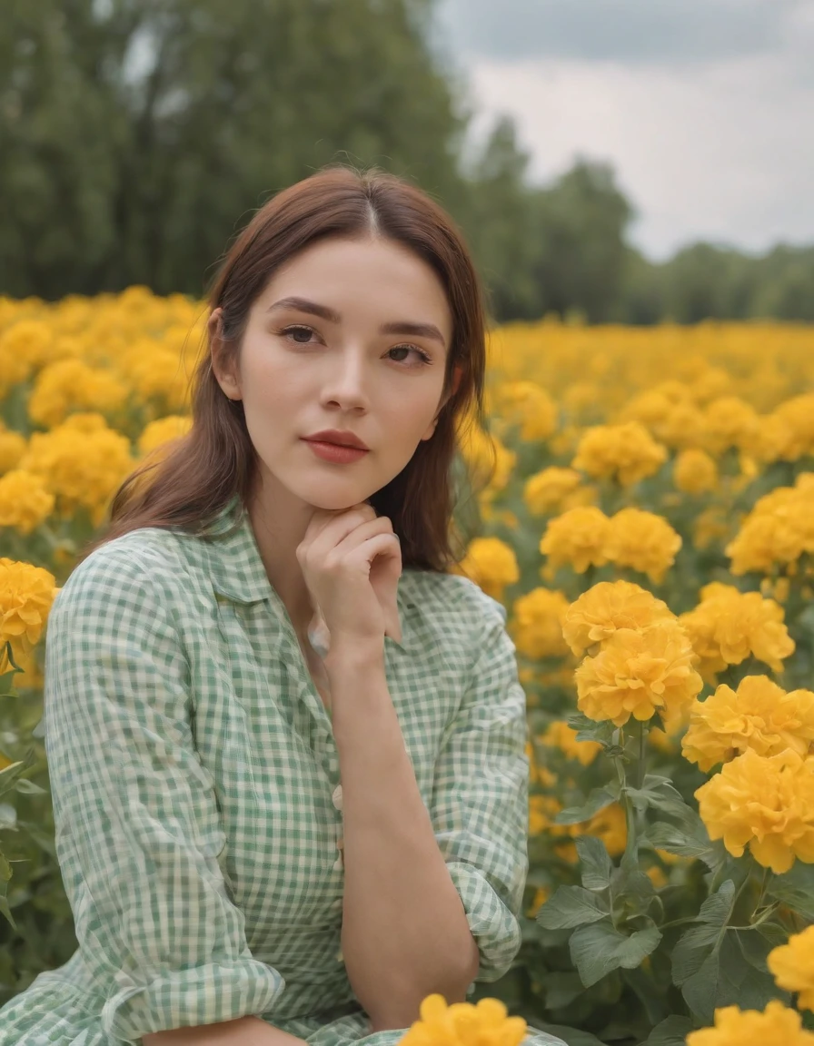 woman wearing white and green retro checkered clothes, yellow flowers on clear sky background, low angle shot, medium shot, high quality photo.