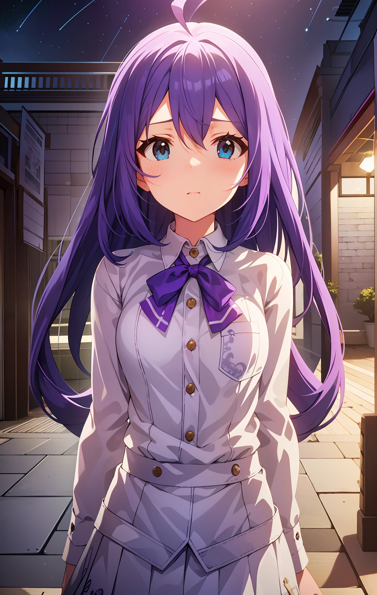 {{{{{mochizuki anna}}}}},1girl,solo,long hair,purple hair,small_ahoge,blue eyes.short stature.white t-shirts.suspenders.skirt.(((masterpiece))).(((best quality))).((ultra-detailed))).(((illustration))).night view.sweat.small Breasts.