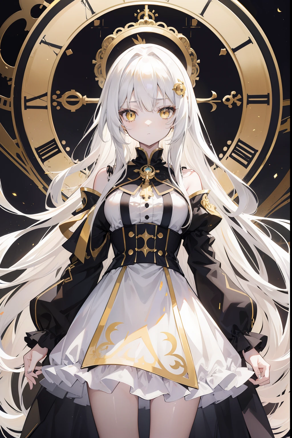 Anime girl, fair skin, long white hair, beautiful yellow eyes, in a black and white dress, emotionless face, body facing to the side, detailed golden and black accessories in her hair with a beautiful golden clockwork halo ontop of her head, hands raised to chest level, standing infront of a detailed clock tower at night, high resolution, 8k