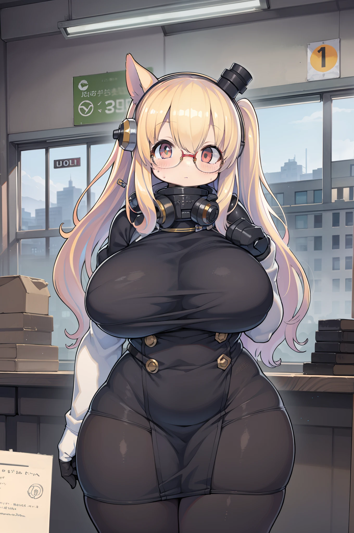 Absurd resolution, High resolution, (masutepiece: 1.4), Hyper-detailing, Young woman messy black long hair glasses welder dresses up, Highly technical robotic arm workbench、big round glasses、huge-breasted,large boob、Ultramammy、bbw、Large Thigh、tiny girl、short in stature、A 