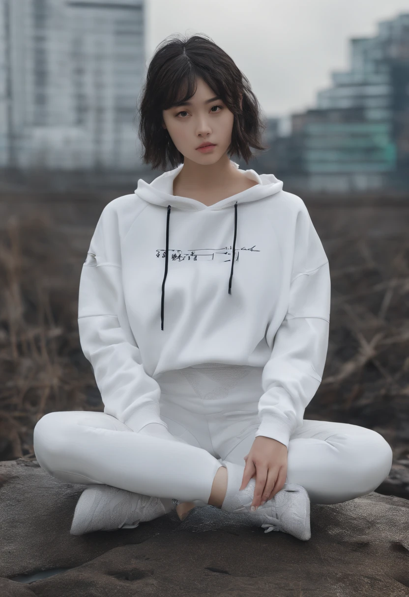 ((of the highest quality, 8K,Raw photo)), (Realistic, Photorealistic: 1.37), (Face Focus: 1.1), Small breasts, flat chest, Short hair, A Japanese Lady、20yr old、Japan idol system、(white sweatshirt: 1.1)、Skirt, Sitting, Arms up, From below, Sunlight, Movie Lighting,
