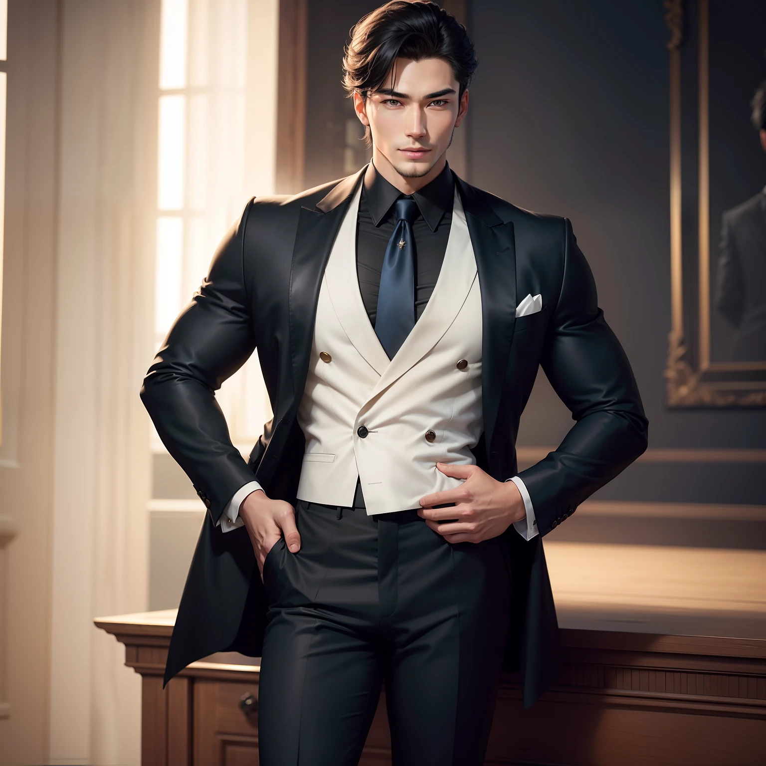 Draw a handsome and dashing man with height 1.70 meters,Weight 120 pounds,with a well-proportioned body,It gives a feeling of elegance and power。He has thick and neat hair,Slightly self-rolled,Presents an attractive sheen。His face is well defined,Smooth and healthy skin,It's like jade polished over time。
His most striking feature is his large, shining eyes,Like a star in the night,Shines with intelligence and confidence。His eyes are not only beautiful,It also reveals his enthusiasm for life and his expectations for the future。The bridge of his nose is straight,It gives a feeling of firmness and determination,His thin lips outline his restrained and elegant smile。
He wore a crisp white shirt,The collar is open,Appears relaxed and natural。He wears a dark blue tie,Increased his maturity and steadiness。He wears a black leather glove on his right hand,The left hand is lightly draped over the black trousers around the waist,The trousers clung tightly to his slender legs,Highlights his elegant figure。
He wears a pair of black leather shoes at his feet,The upper is shiny,It looks like a piece of art tailored for him。He gently placed his weight on his right foot,The left hand is gently raised,Show his confidence and grace。
generally,This man is like a beautiful picture,Show handsomeness、dashing、Elegance and mature temperament。His image is not only made to feel his charm,It makes people feel his love and pursuit of life。